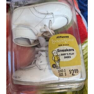 Vtg Toddle Time White Leather Baby Shoes Boys 3 JC Penney Booties 80s Lace Up